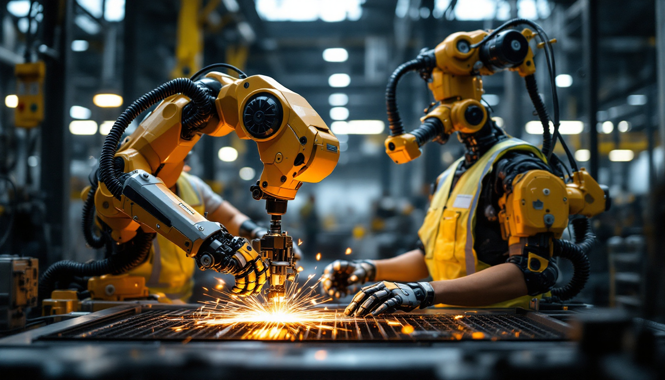 A photograph of a modern industrial robot in action on a factory floor
