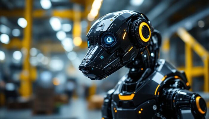 A photograph of a sleek industrial robotic dog in action