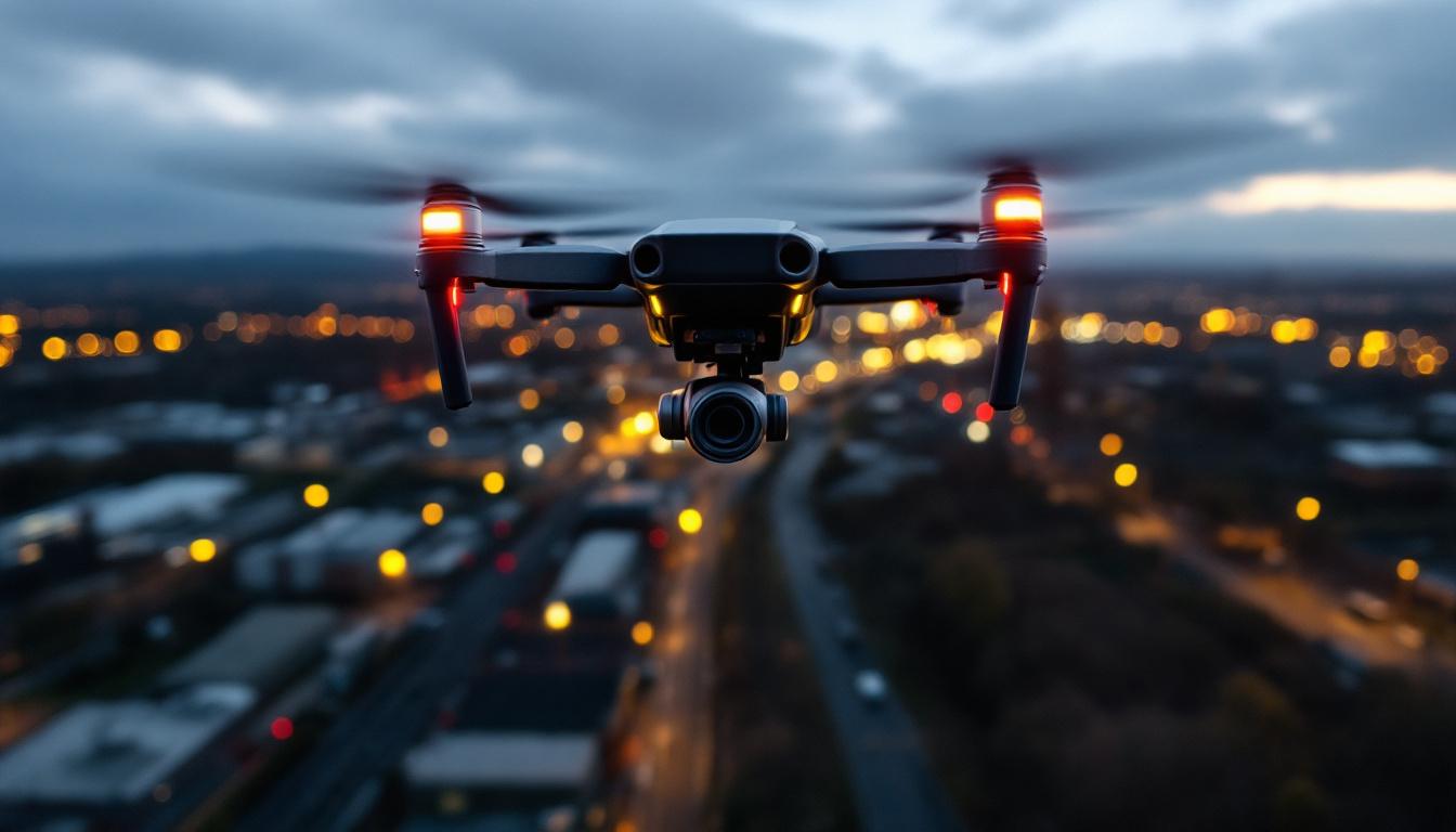 A photograph of a drone in action over a massachusetts industrial landscape