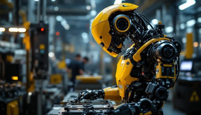 A photograph of a cutting-edge industrial robot in action within a manufacturing environment