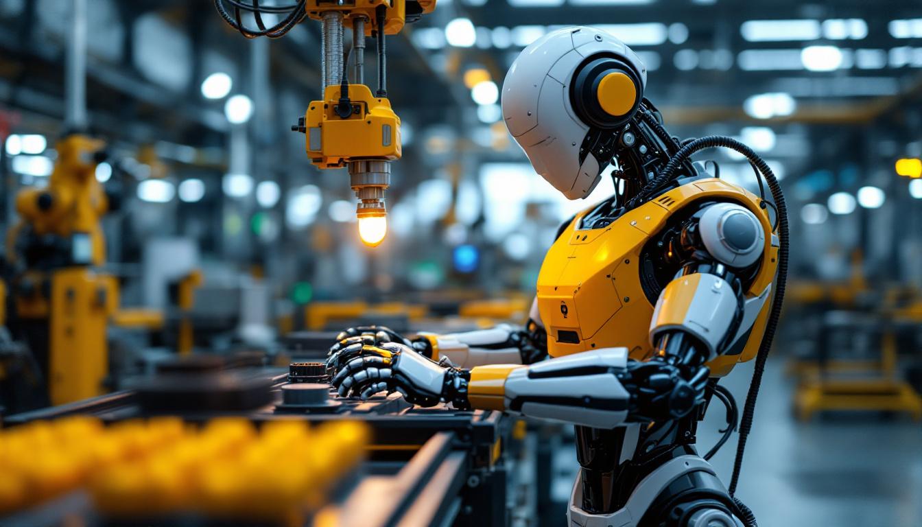 A photograph of a sleek industrial robot in action within a manufacturing environment