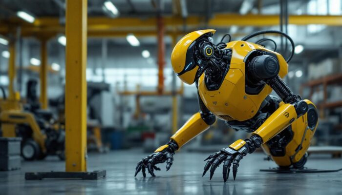 A photograph of capture a photograph of a boston dynamics robot in an industrial setting