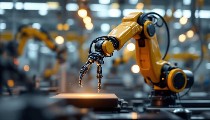 A photograph of a sleek industrial robotic arm in action