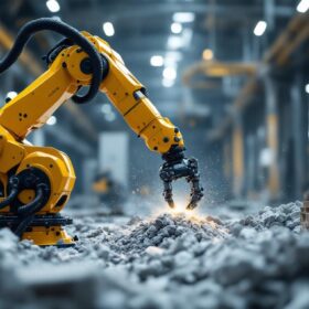 A photograph of capture a photograph of an industrial robotic arm in action within a construction environment