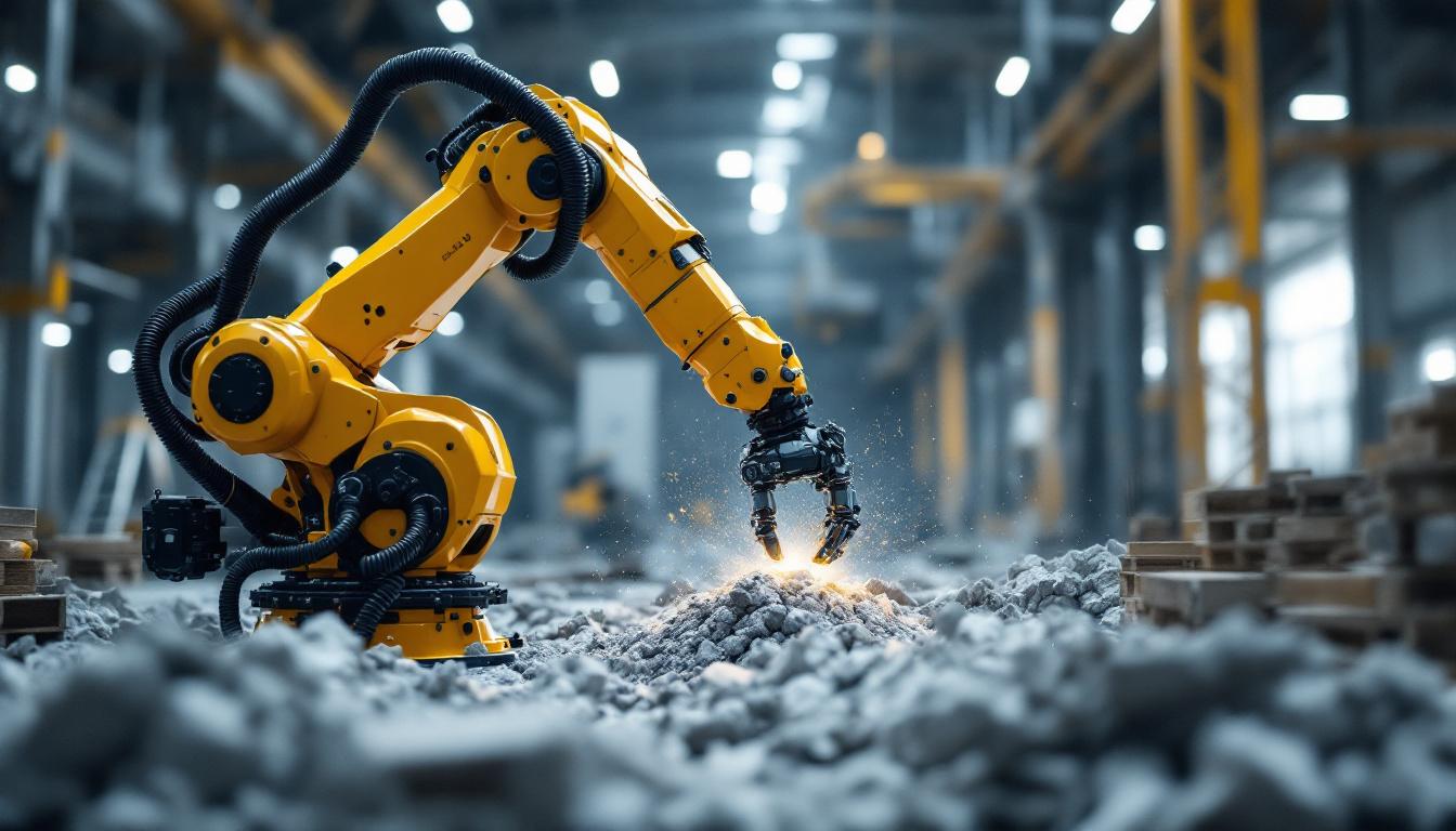 A photograph of capture a photograph of an industrial robotic arm in action within a construction environment