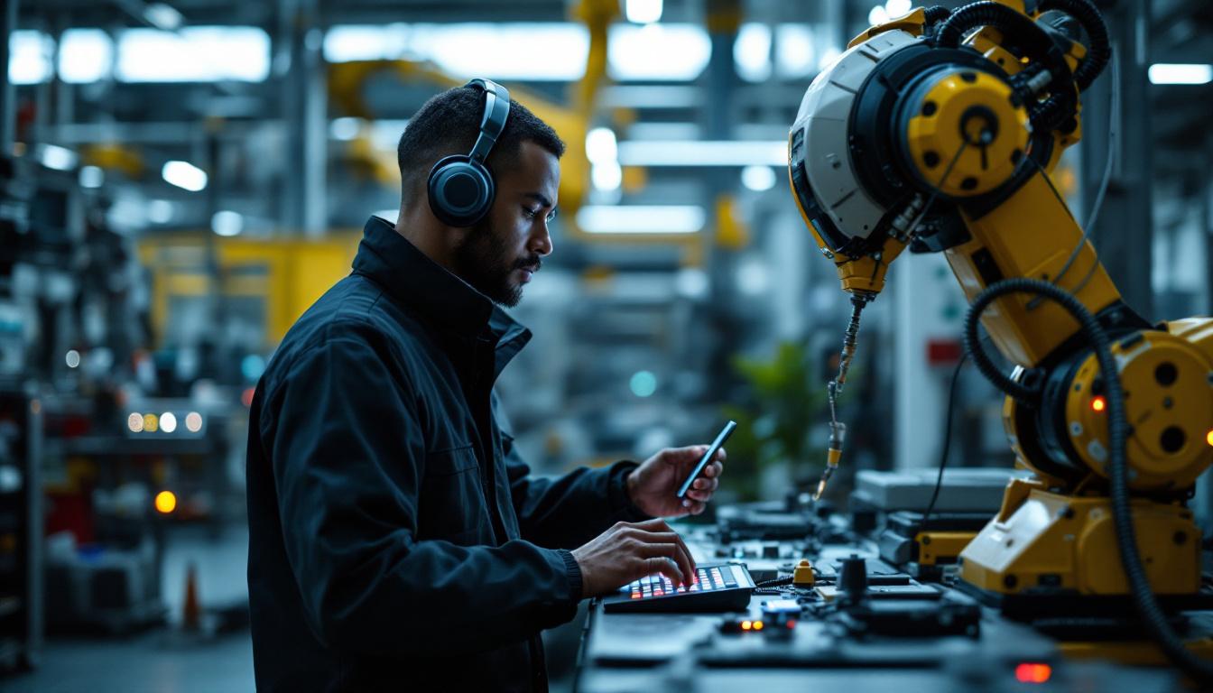 A photograph of a skilled technician programming or operating an industrial robot in a modern manufacturing setting