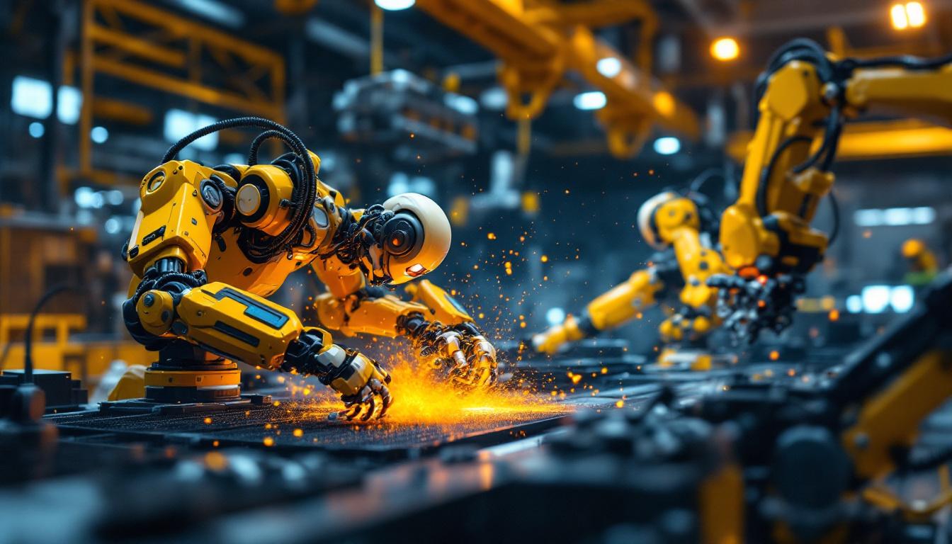 A photograph of a dynamic scene featuring industrial robots in action