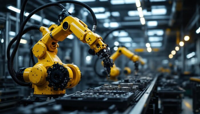 A photograph of a dynamic industrial robotic arm in action