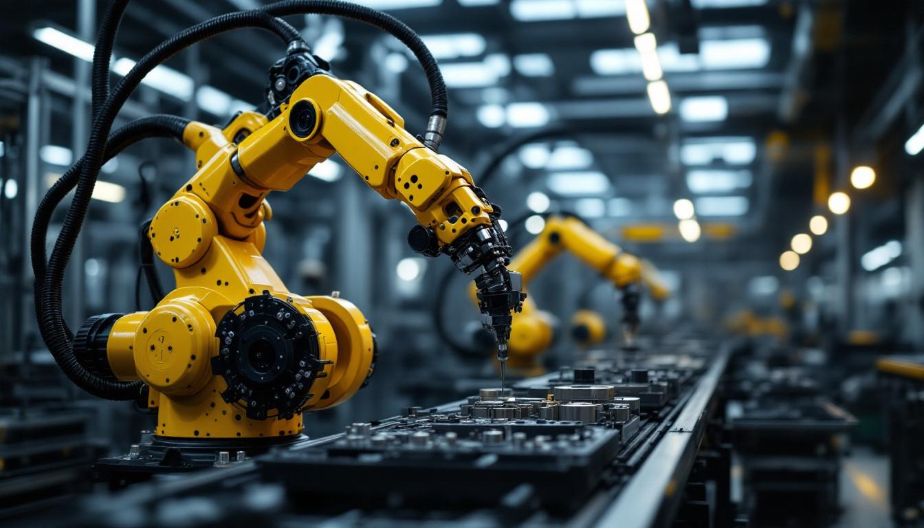 A photograph of a dynamic industrial robotic arm in action