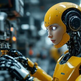 A photograph of a humanoid robot with a realistic human face engaged in an industrial setting