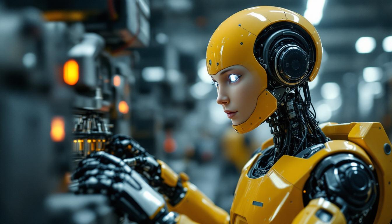 A photograph of a humanoid robot with a realistic human face engaged in an industrial setting