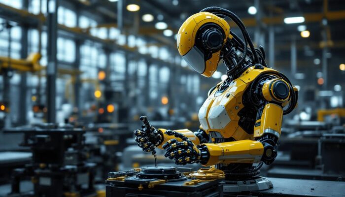 A photograph of a sleek industrial robot in action within a manufacturing setting