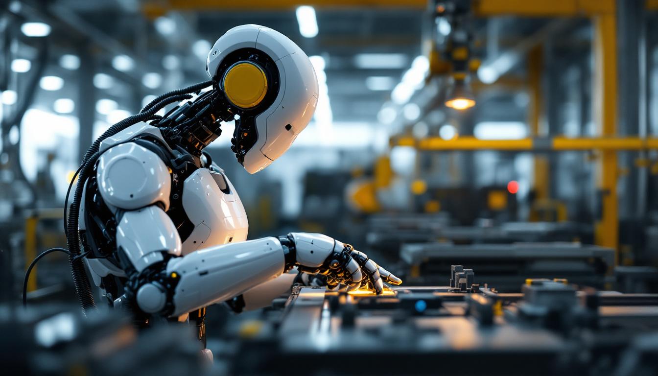 A photograph of a modern industrial robot in action on a factory floor