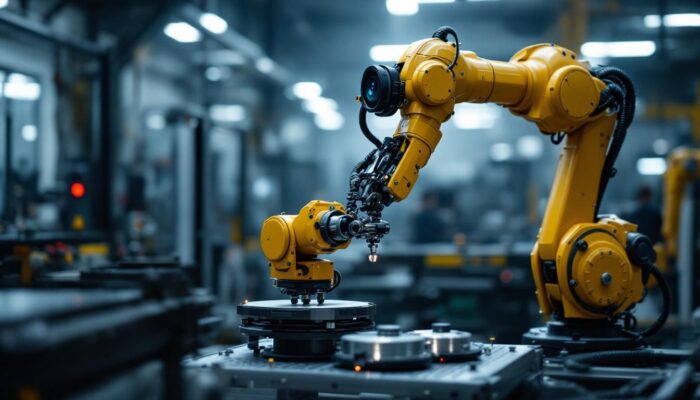 A photograph of a robotic arm equipped with a gripper and camera in an industrial setting