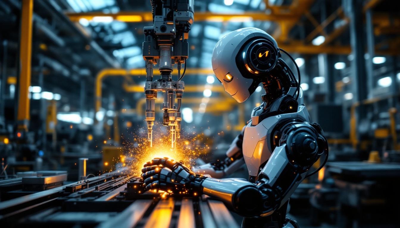 A photograph of a sleek hyundai industrial robot in action on a factory floor