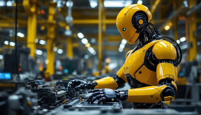 A photograph of a human-sized robot engaged in an industrial setting