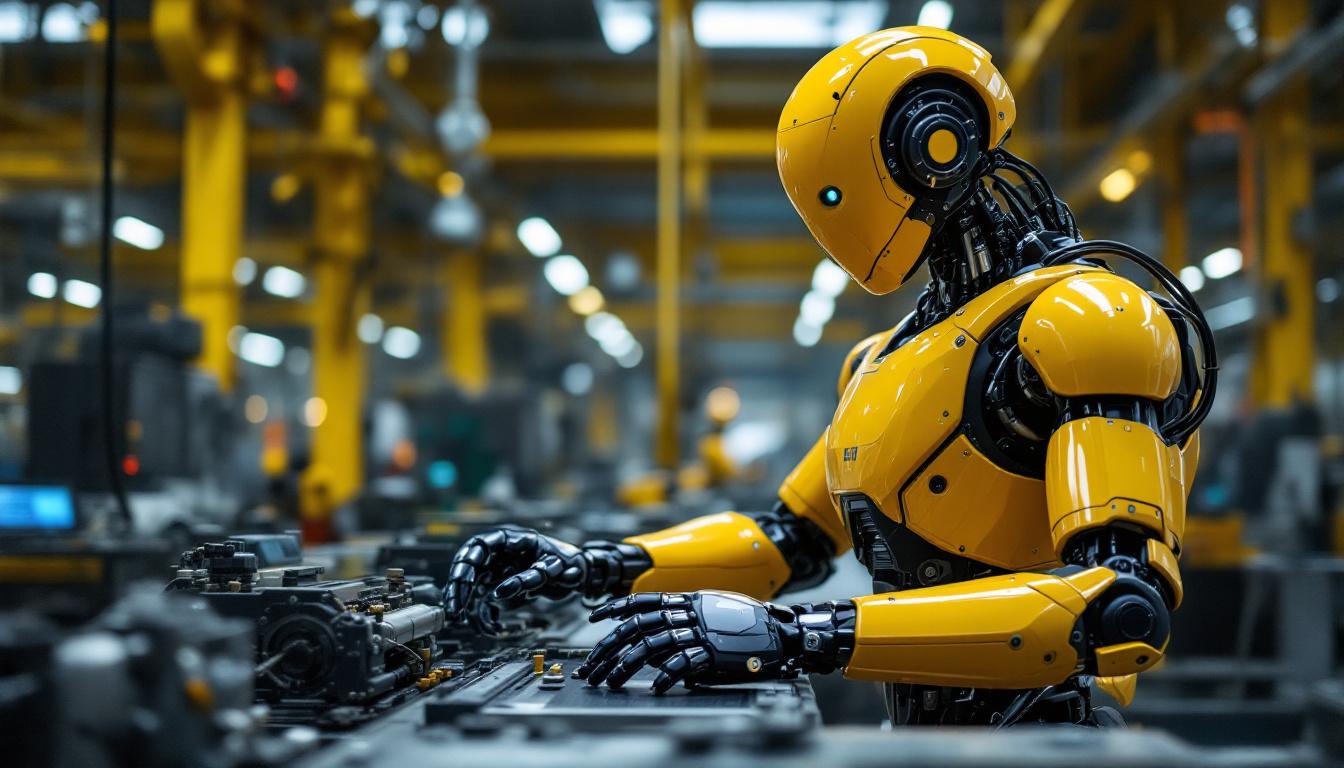 A photograph of a human-sized robot engaged in an industrial setting