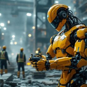 A photograph of a dynamic industrial scene featuring a robotic construction worker in action