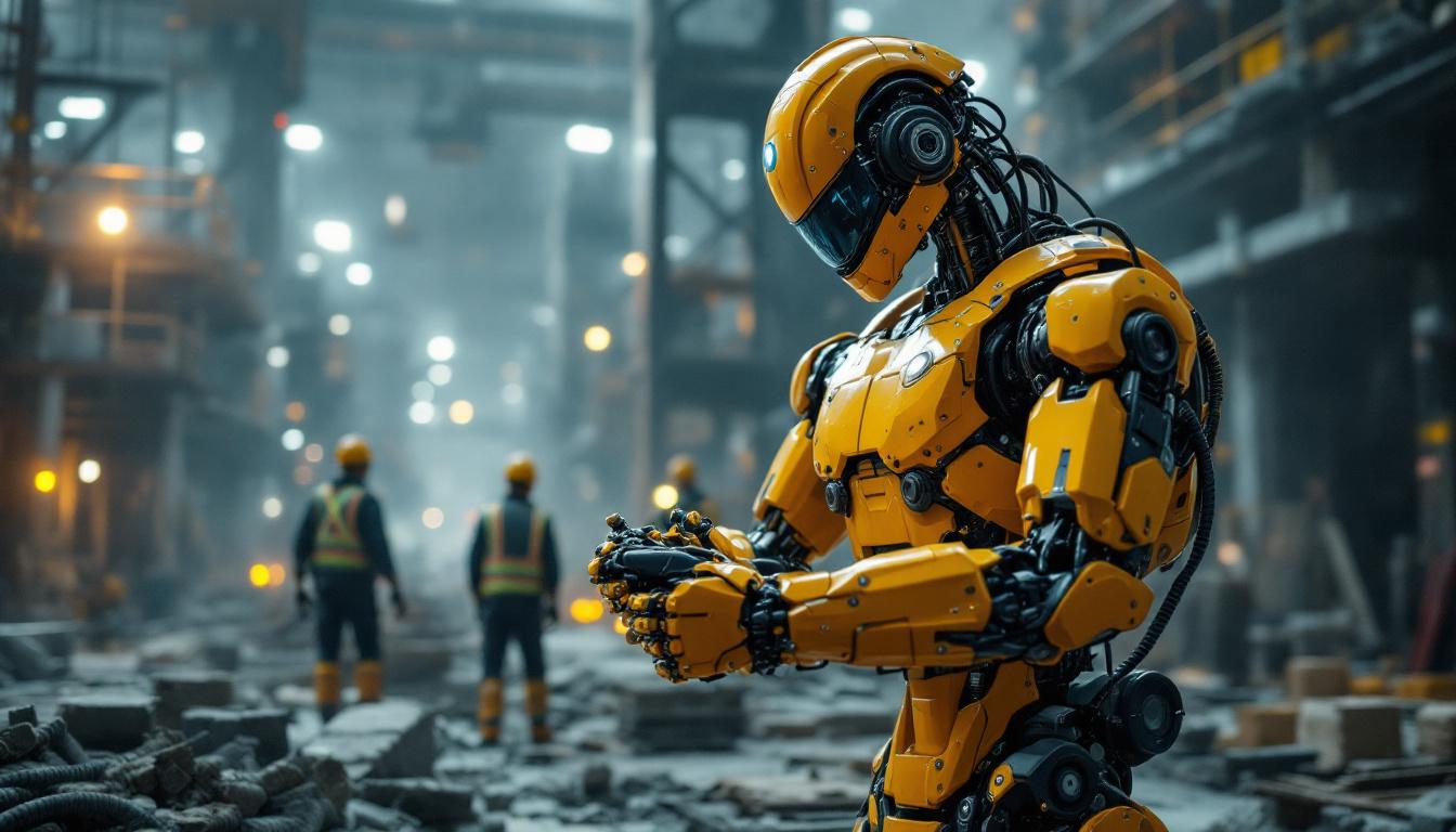 A photograph of a dynamic industrial scene featuring a robotic construction worker in action