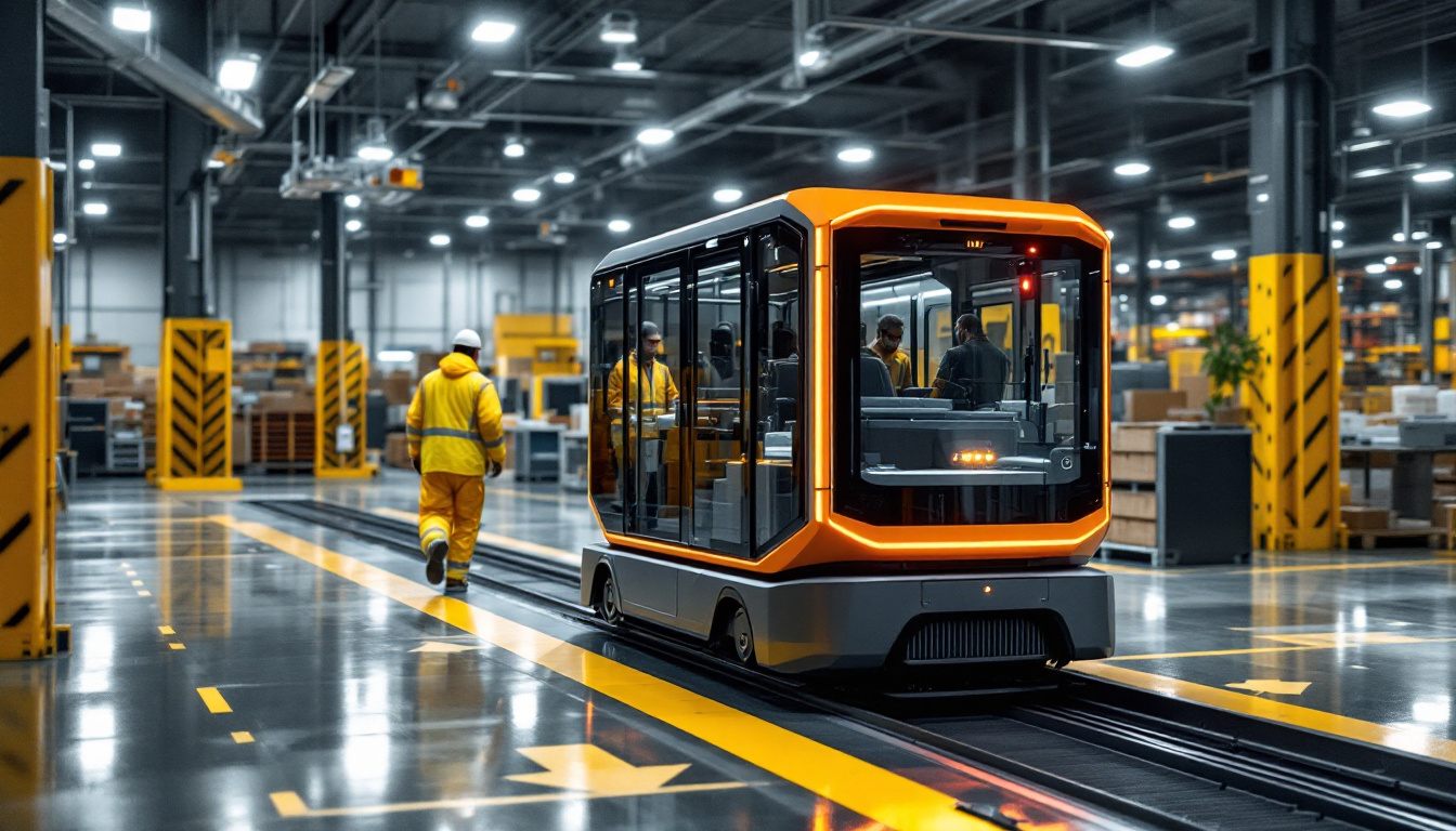 A photograph of a sleek automated guided vehicle (agv) navigating through a modern industrial warehouse