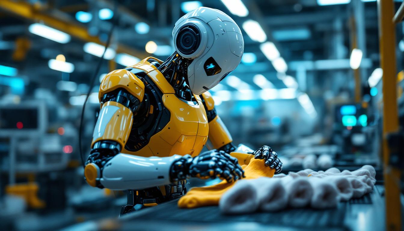 A photograph of a sleek industrial robot in a modern manufacturing environment