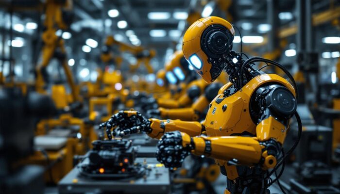 A photograph of a sophisticated industrial robot in action within a manufacturing environment