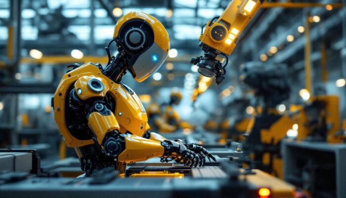 A photograph of a sleek industrial robot in action within a modern manufacturing environment