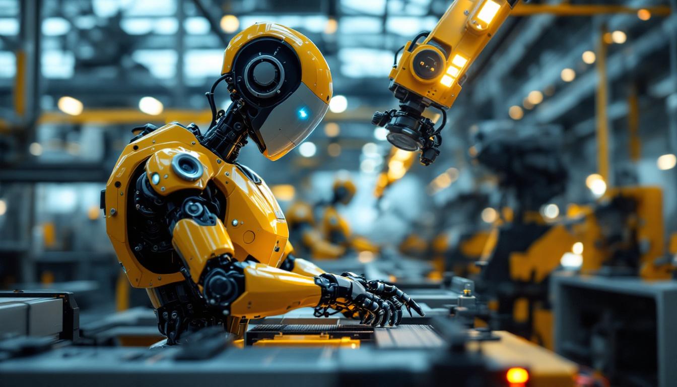 A photograph of a sleek industrial robot in action within a modern manufacturing environment