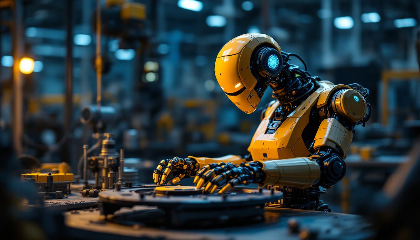 A photograph of a compact industrial robot in action on a factory floor