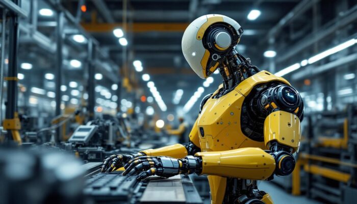 A photograph of a sleek industrial robot in action within a manufacturing environment