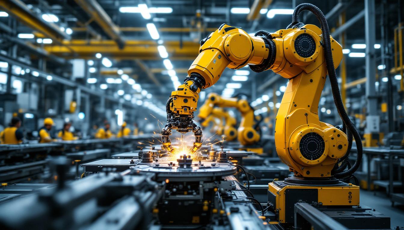 A photograph of a dynamic scene featuring an industrial robotic arm in action