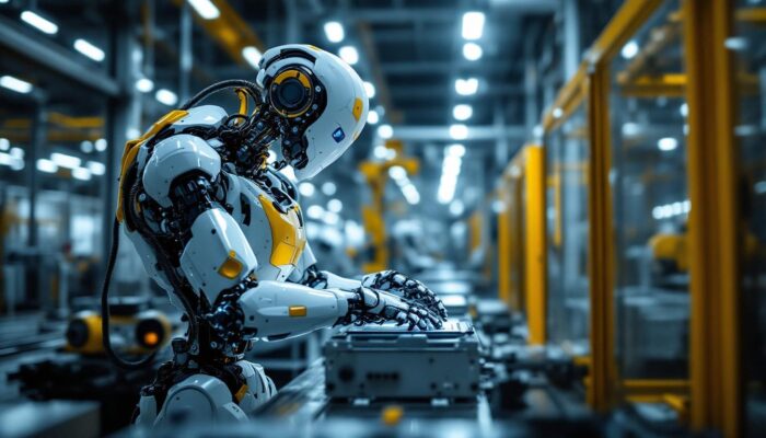 A photograph of a state-of-the-art industrial robot in action within a manufacturing environment
