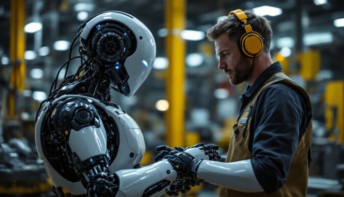A photograph of a humanoid robot interacting with workers in an industrial setting
