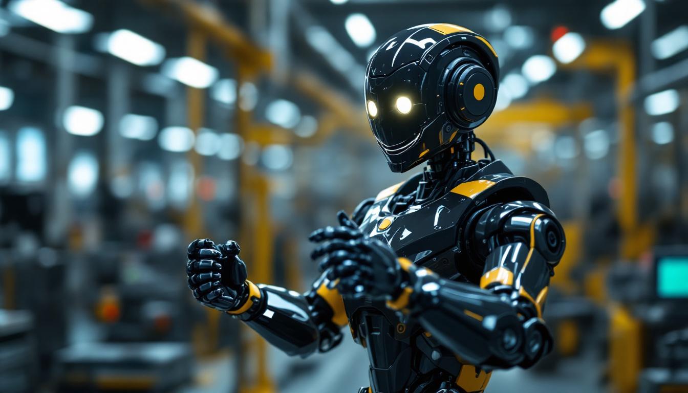 A photograph of a sleek industrial robot in a modern manufacturing setting