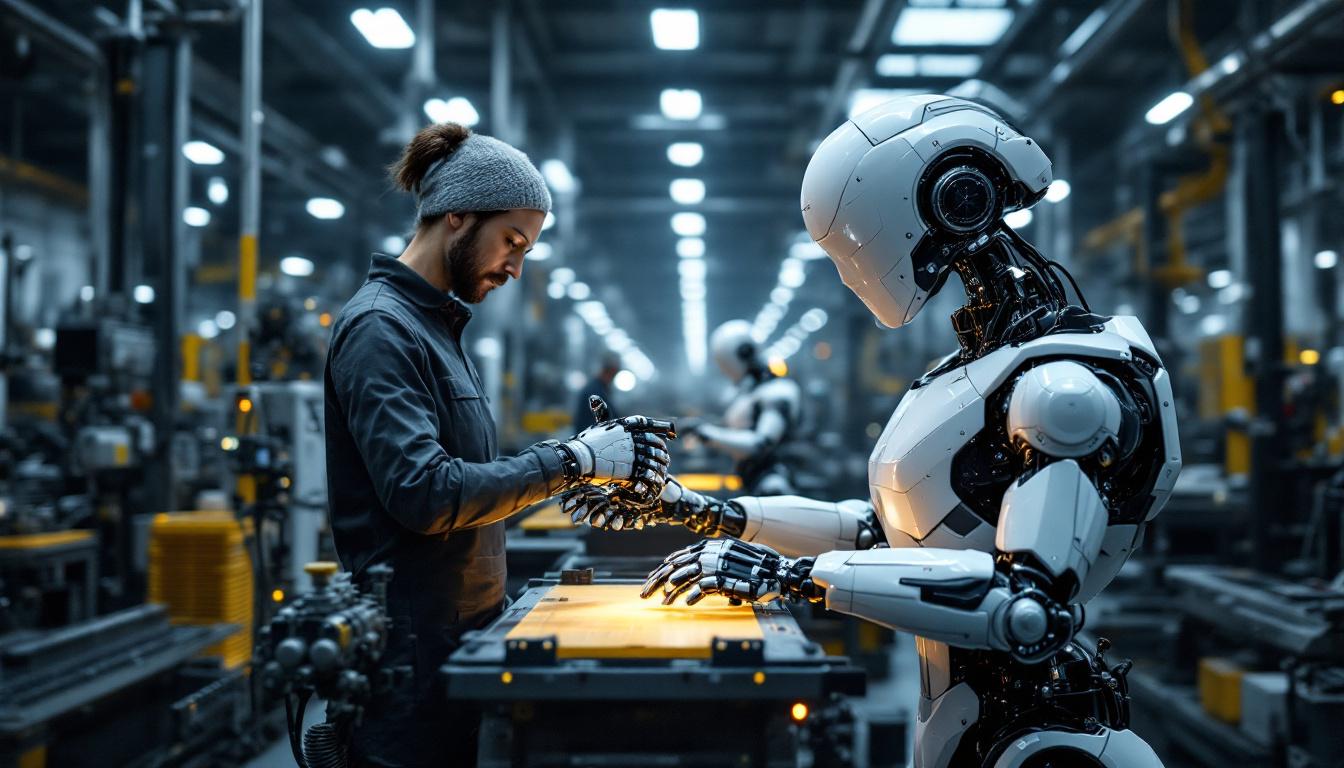 A photograph of a sleek industrial robot in action within a modern manufacturing facility