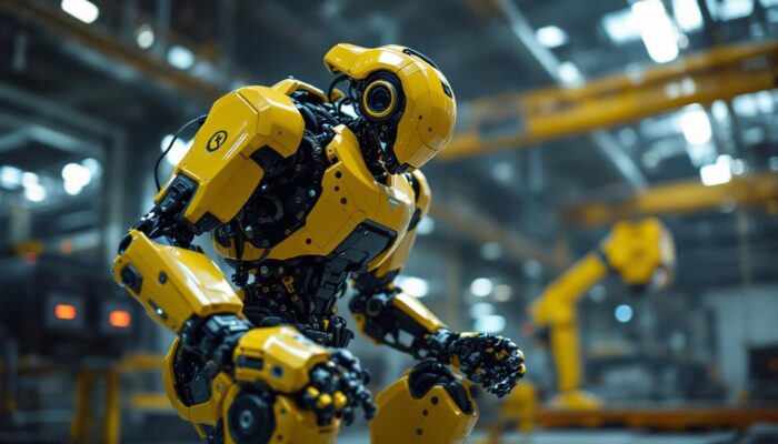 A photograph of a boston dynamics robot in a dynamic pose