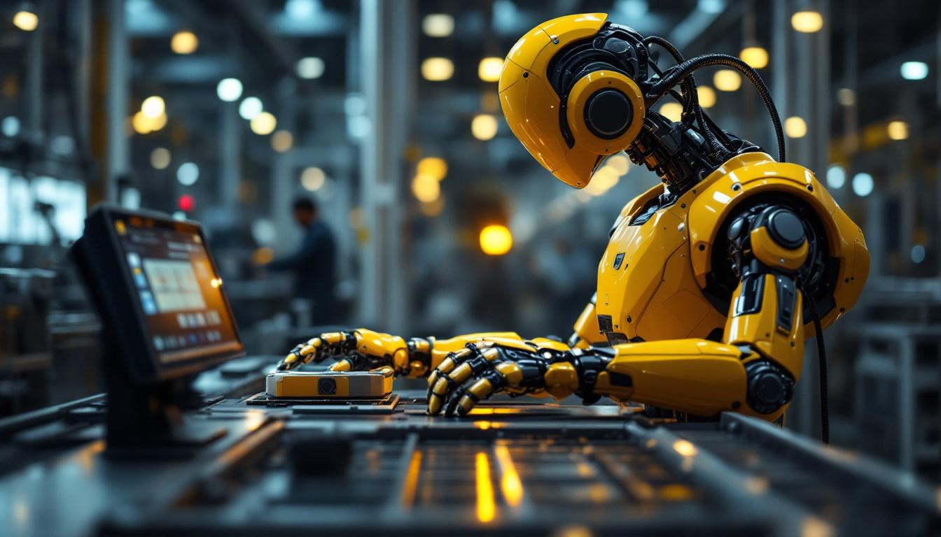 A photograph of a sleek industrial robot in action on a factory floor
