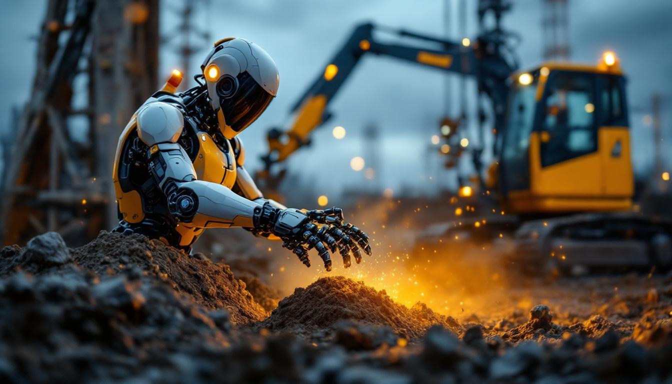 A photograph of a sleek industrial robot actively engaged in a precision digging task at a construction site