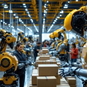 A photograph of a bustling amazon fulfillment center