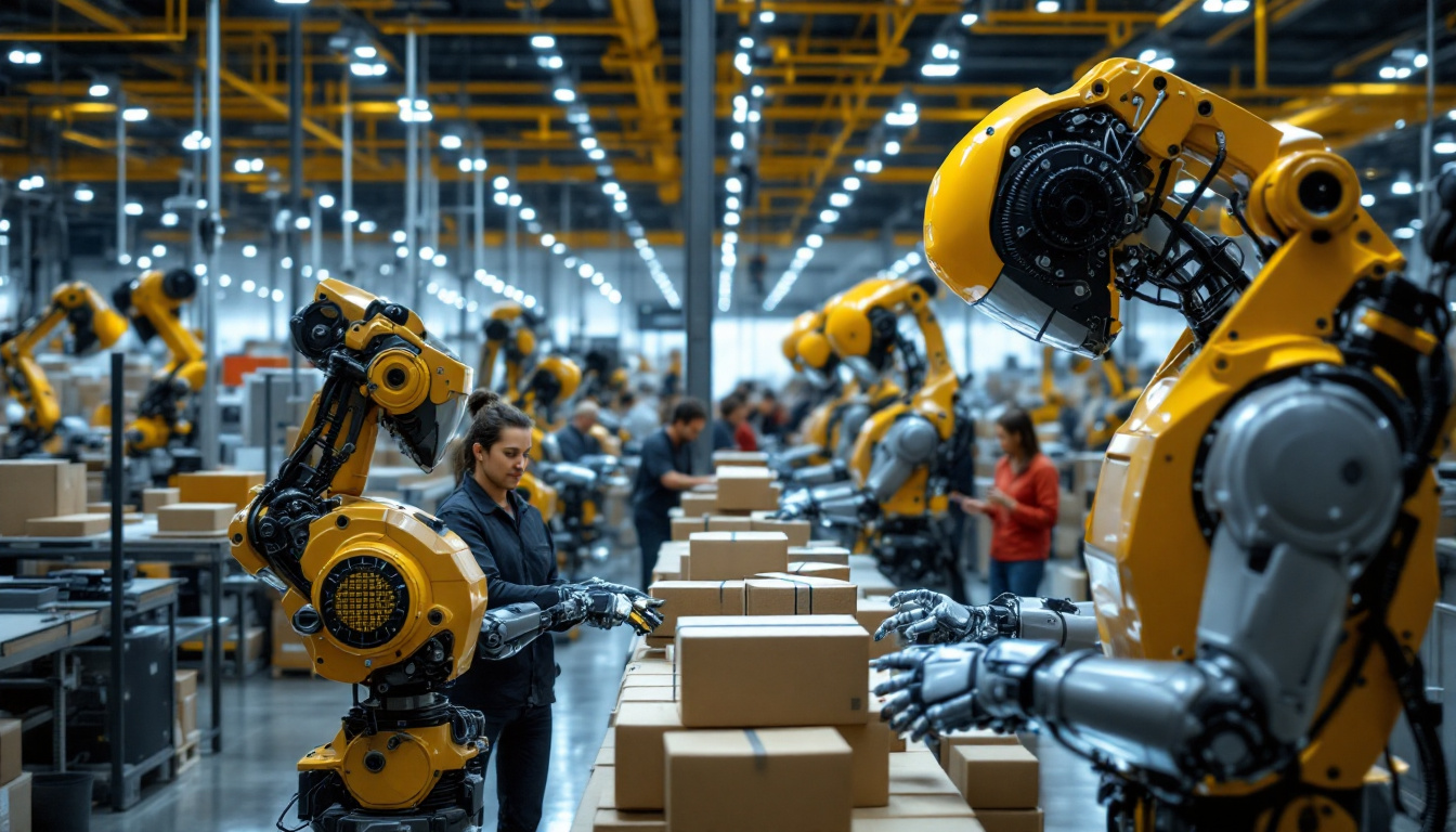 A photograph of a bustling amazon fulfillment center