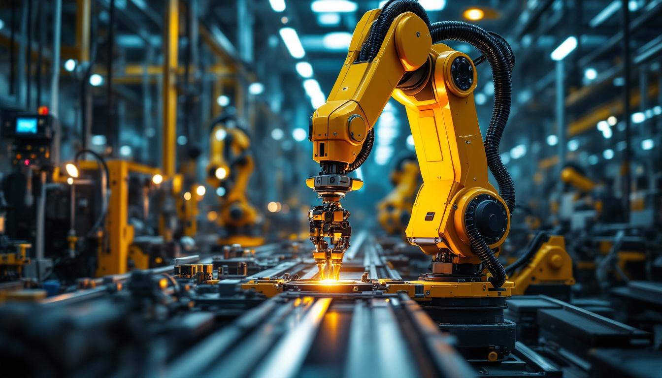 A photograph of a dynamic industrial robotics environment