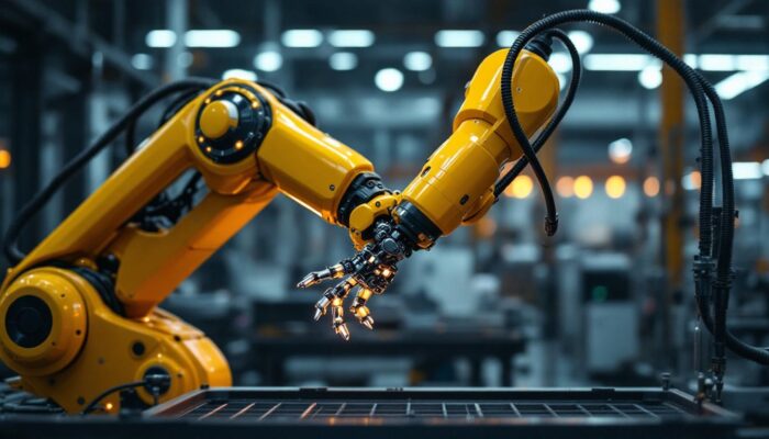 A photograph of a sleek industrial robotic arm in action