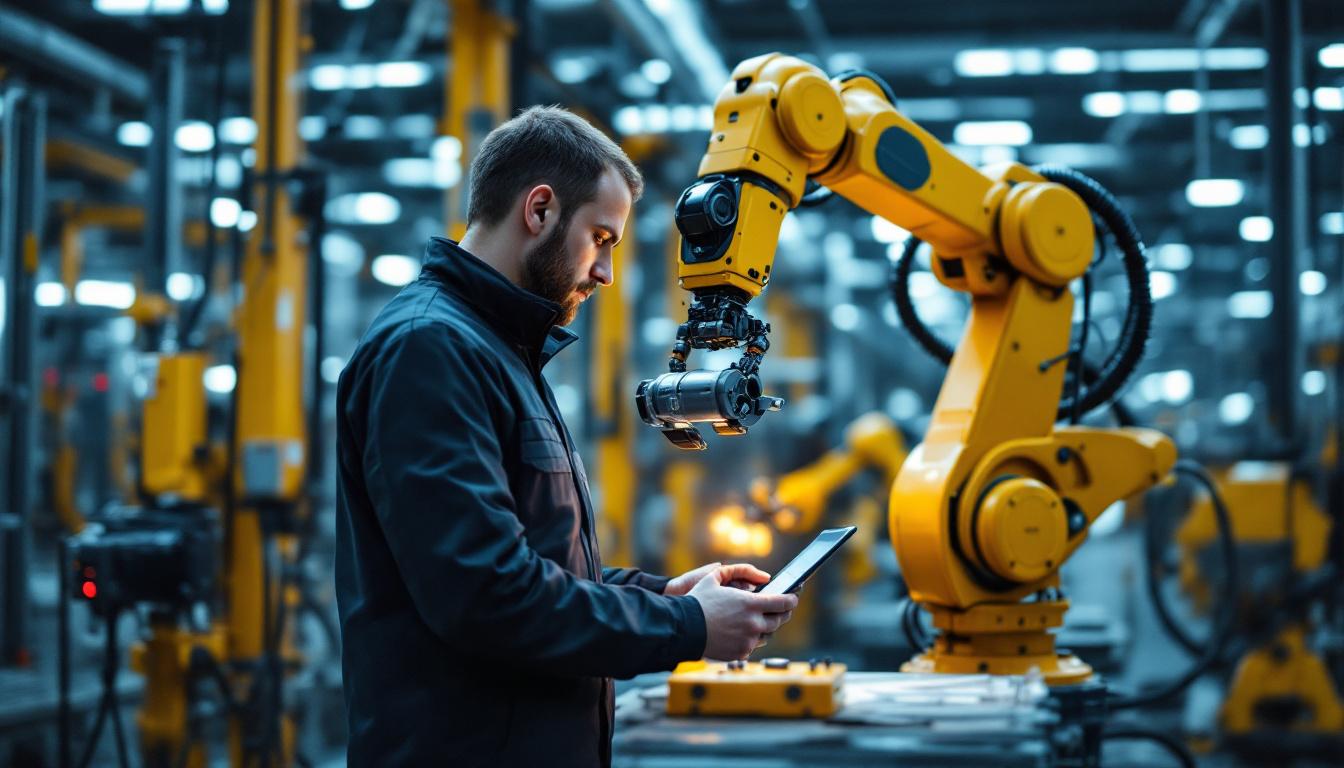 A photograph of a skilled technician programming or operating an industrial robot in a modern manufacturing environment