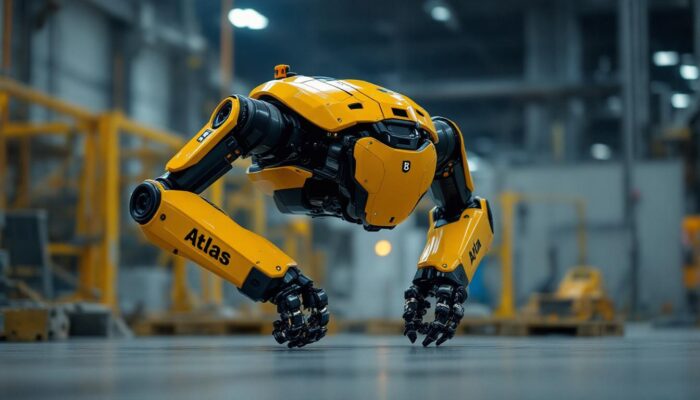 A photograph of a boston dynamics atlas robot in action
