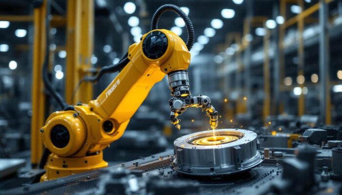 A photograph of a sleek industrial robotic arm in action