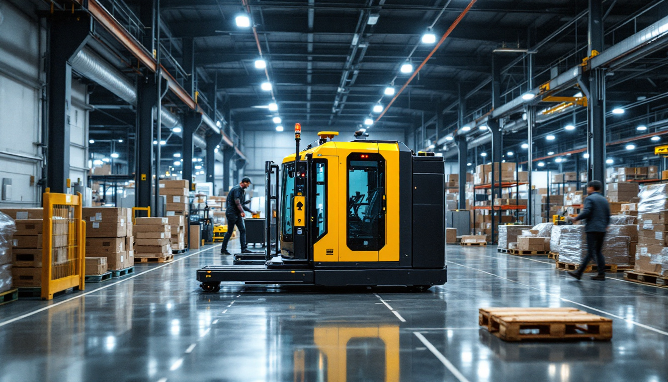 A photograph of an automated pallet mover in action within a bustling industrial warehouse