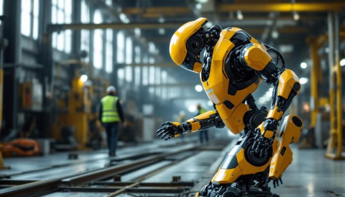 A photograph of a boston dynamics robot in action within an industrial setting