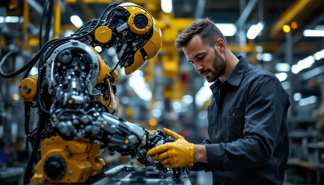A photograph of a skilled mechanical engineer working alongside an industrial robot in a modern manufacturing facility