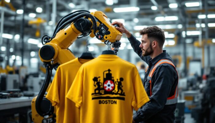 A photograph of a skilled technician programming an industrial robot in a modern manufacturing facility