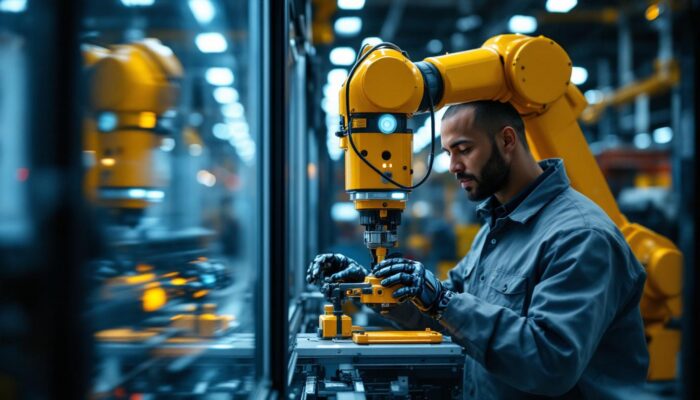 A photograph of a skilled technician operating an industrial robot in a dynamic manufacturing environment